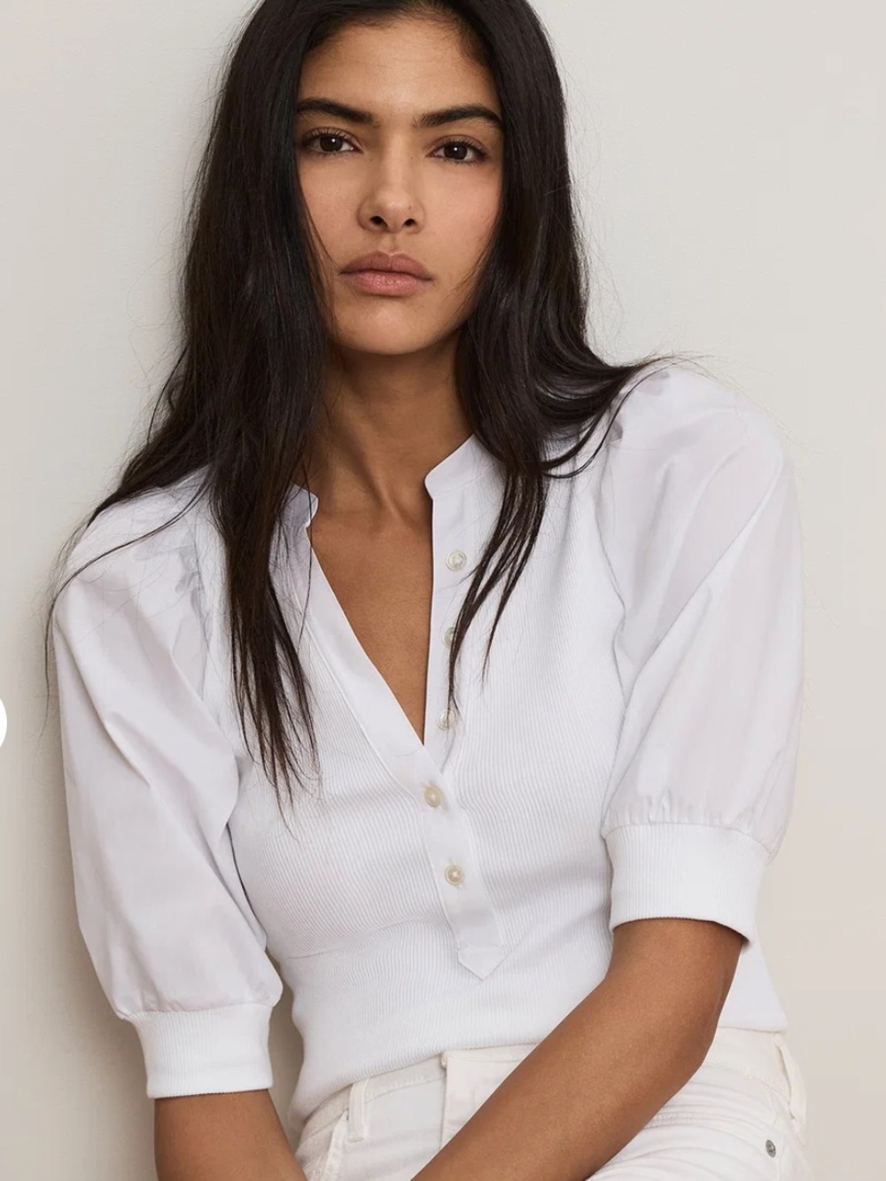 Veronica Beard Coralee White Puff-Sleeve Henley Shirt - Size XXS